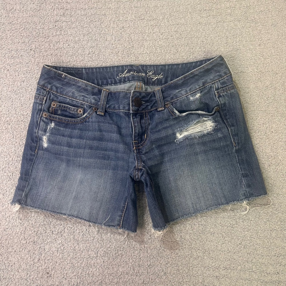 American Eagle Denim Shorts Ultra Low Rise 2 Blue Y2K Distressed Indie Cutoff